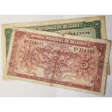 BELGIUM 1943 . FIVE 5 and TEN 10 FRANCS BANKNOTES